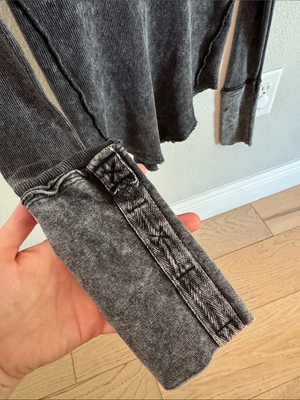 Free People Washed Black Ribbed V-Neck Long Sleeve Top